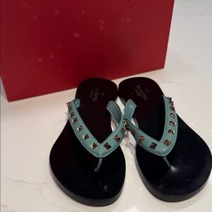 Valentino Garavani Aqua Leather/Gold Rockstud Thong Sandals